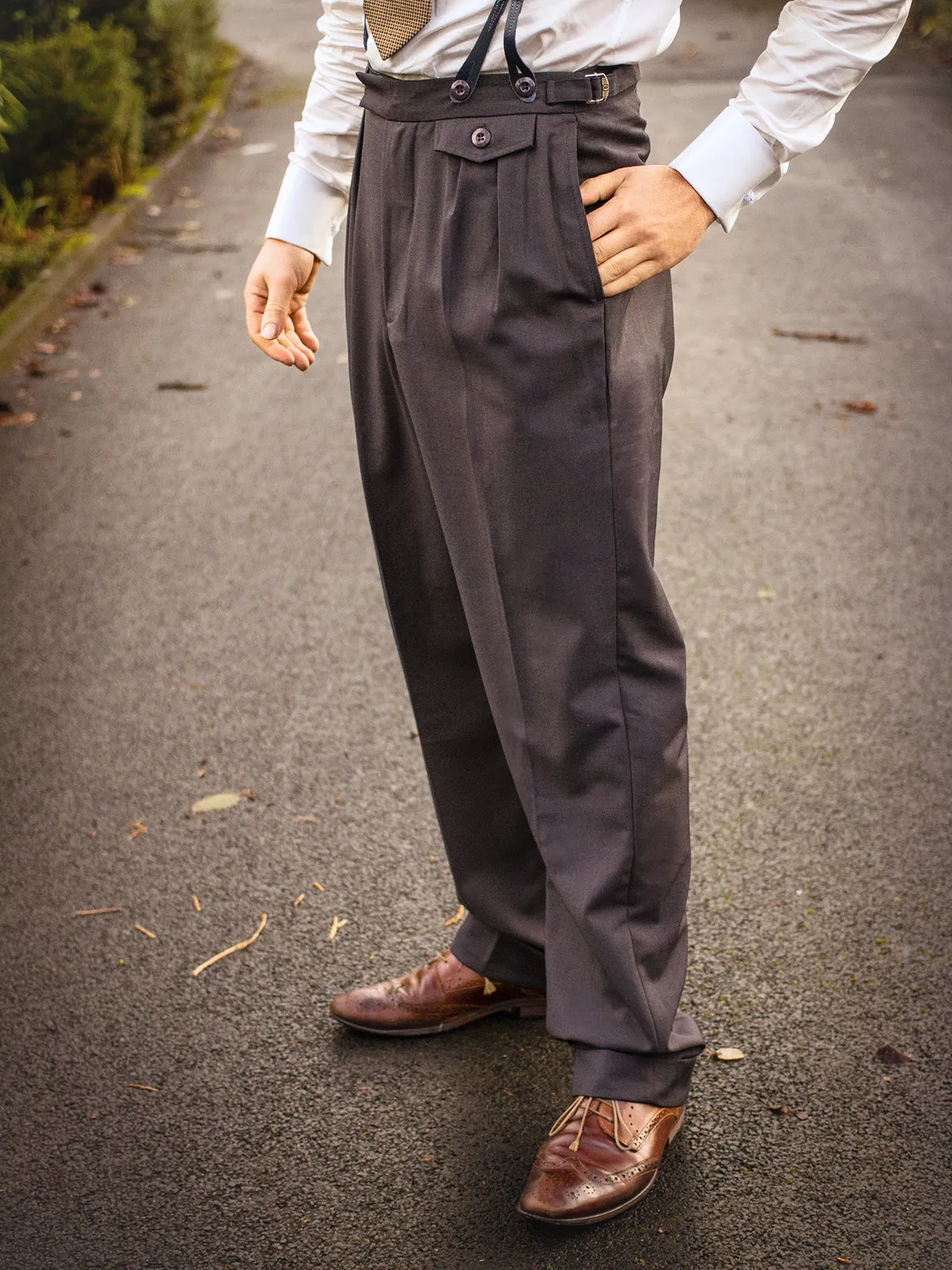 1940s Vintage Harry Fishtail Back Trousers in Slate Grey