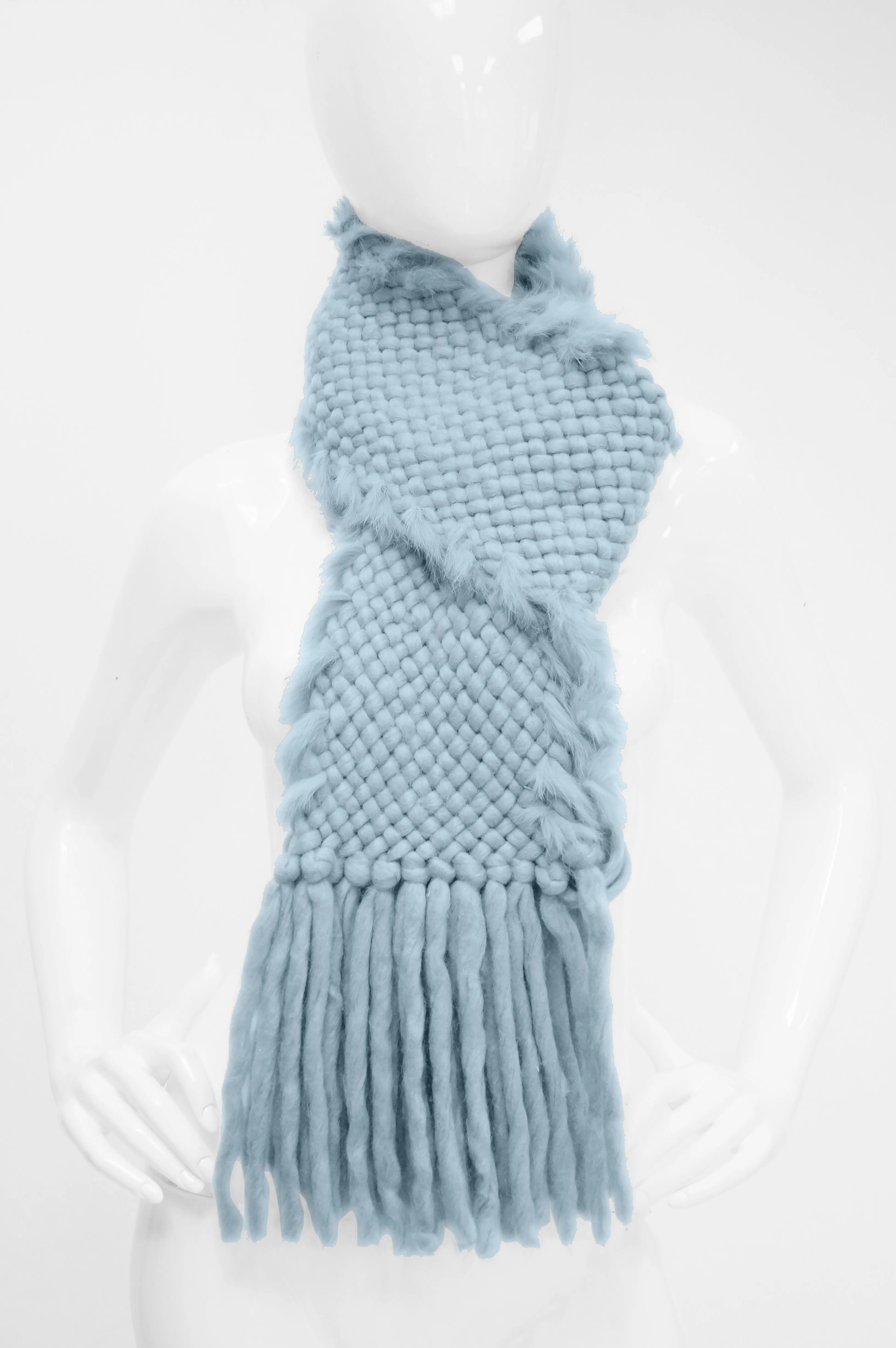 1990s Sky Blue Angora Wool and Fur Trim Scarf