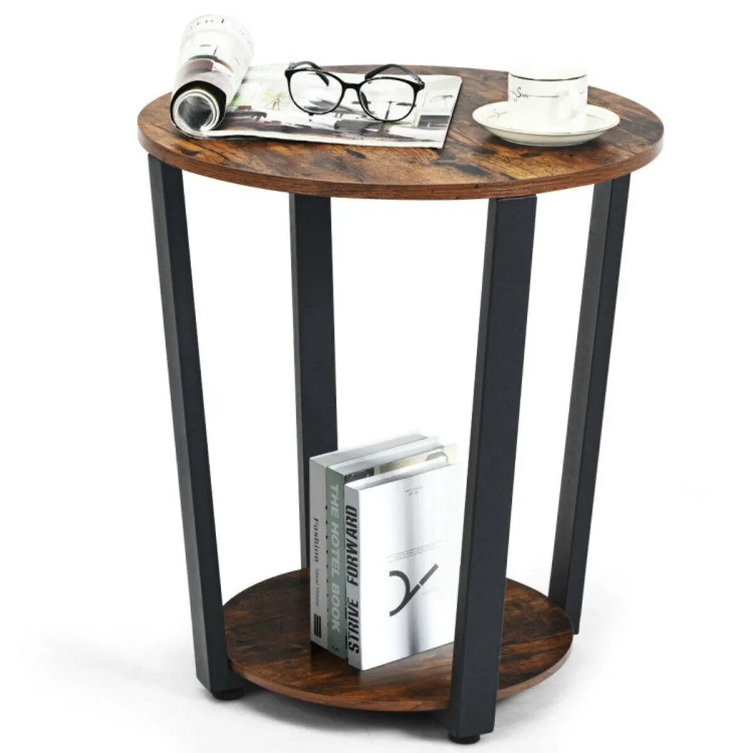 2-Tier Round End Table with Storage Shelf and Metal Frame