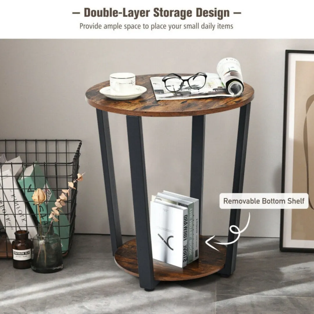 2-Tier Round End Table with Storage Shelf and Metal Frame