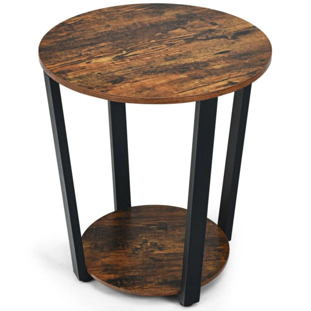 2-Tier Round End Table with Storage Shelf and Metal Frame