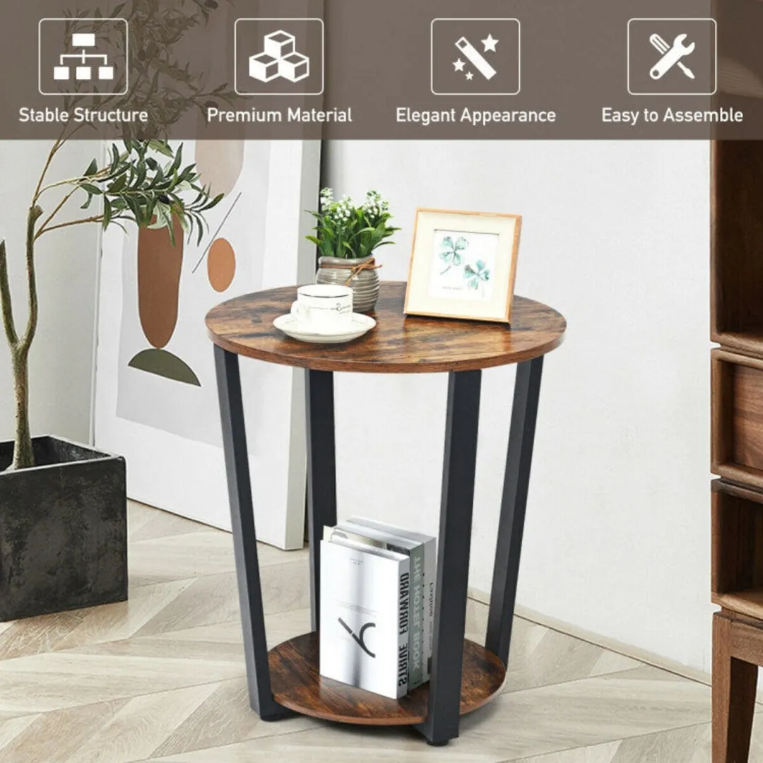 2-Tier Round End Table with Storage Shelf and Metal Frame