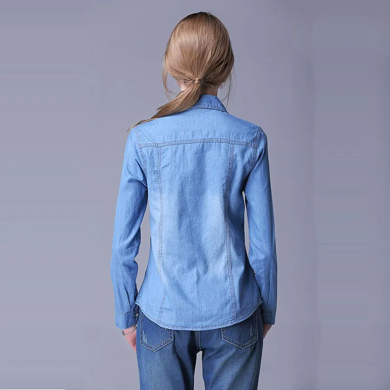 2016 New Denim Shirt Women Long Sleeve Turn-Down Collar Blouse Women Jeans Female Blue Jean Shirt Fashion Female Clothes WE249