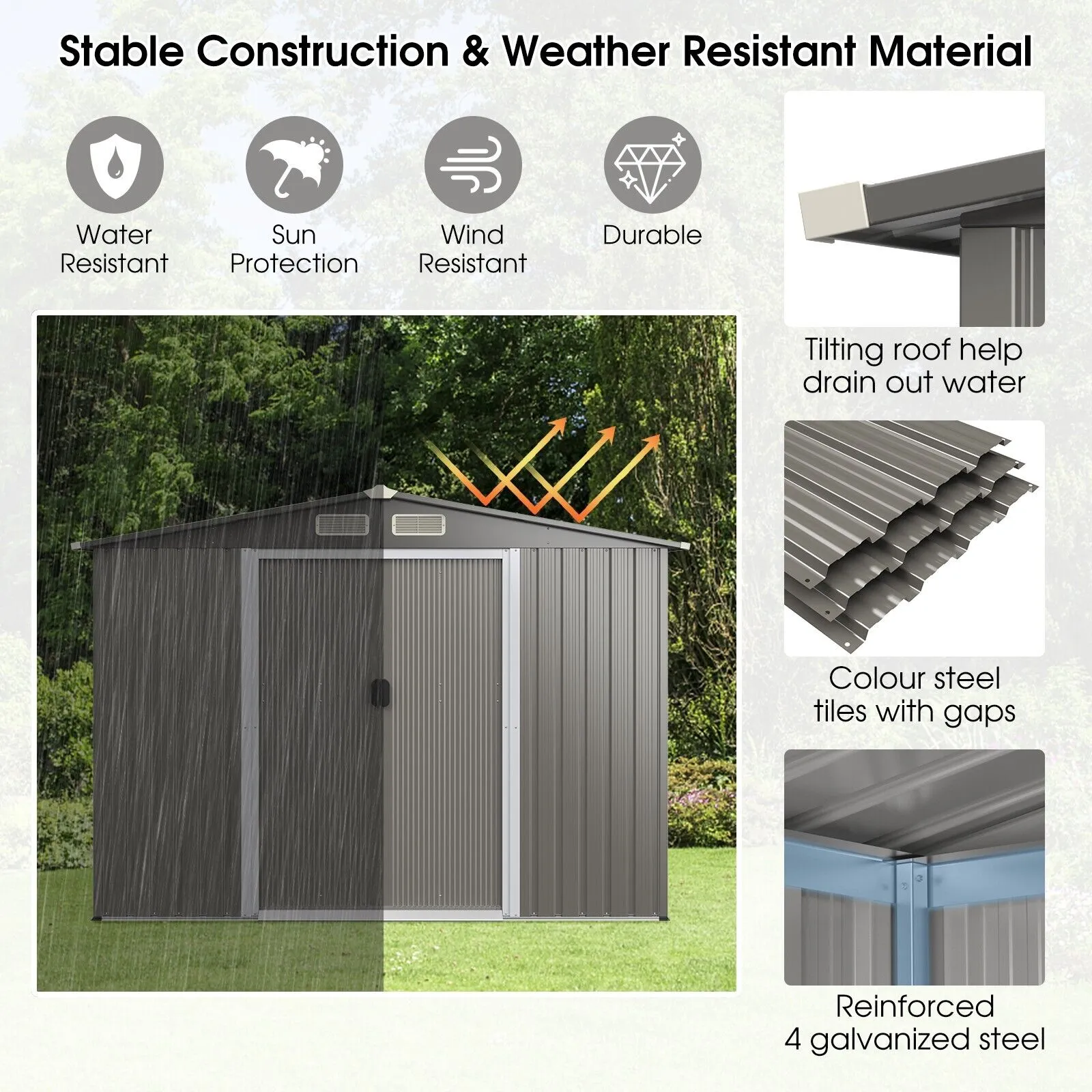 260 CM x 207 CM Outdoor Storage Shed, Weather-resistant Utility Tool Organizer w/Foundation, 4 Louvers, Double Doors & Ramp, Galvanized Steel Tool Shed for Garden, Lawn, Yard, Light/Dark Grey