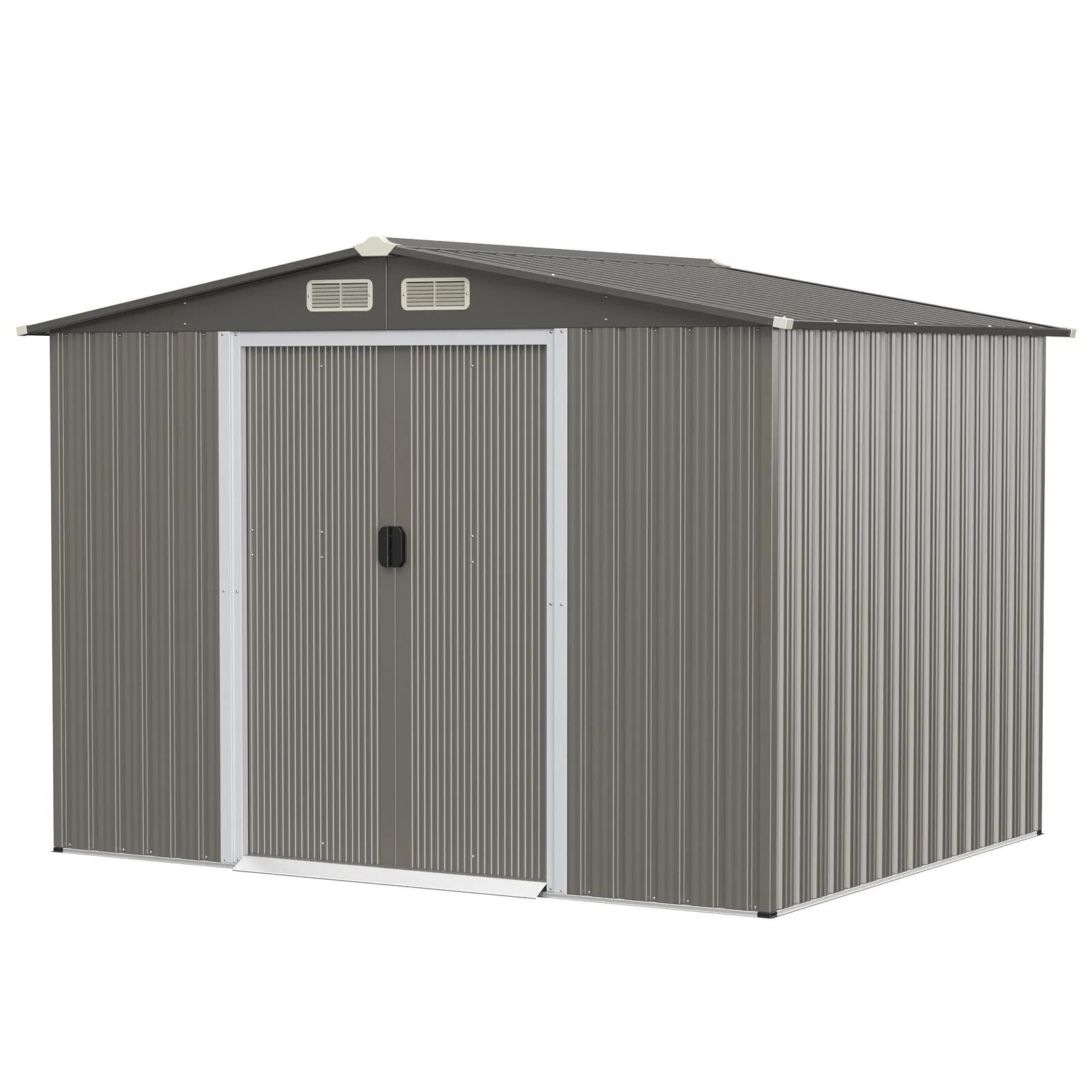 260 CM x 207 CM Outdoor Storage Shed, Weather-resistant Utility Tool Organizer w/Foundation, 4 Louvers, Double Doors & Ramp, Galvanized Steel Tool Shed for Garden, Lawn, Yard, Light/Dark Grey