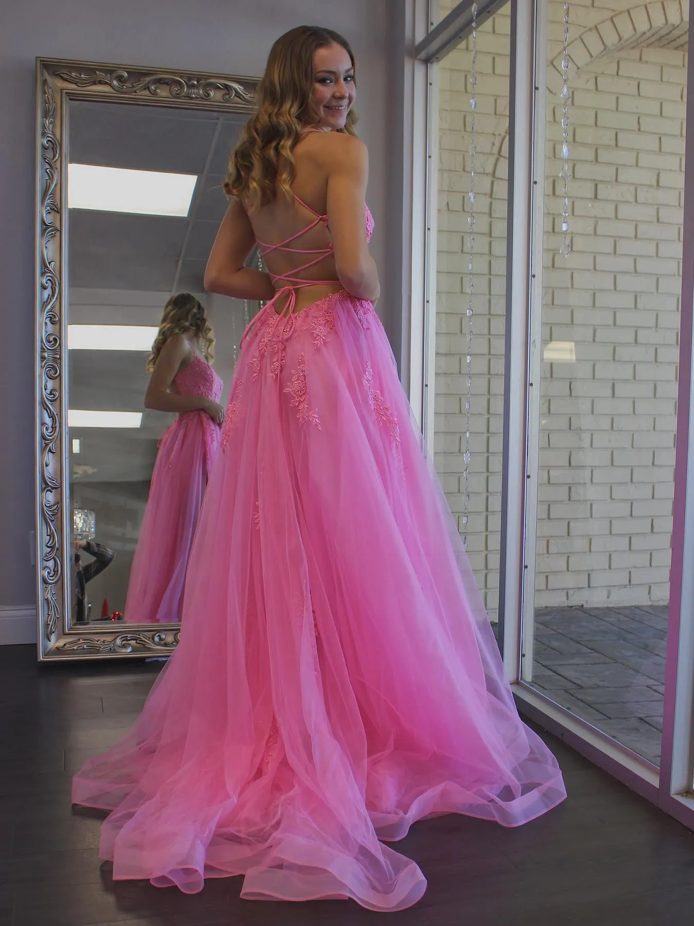 A Line Backless Pink Lace Long Prom Dresses with High Slit, Backless Pink Formal Dresses, Pink Lace Evening Dresses SP2145