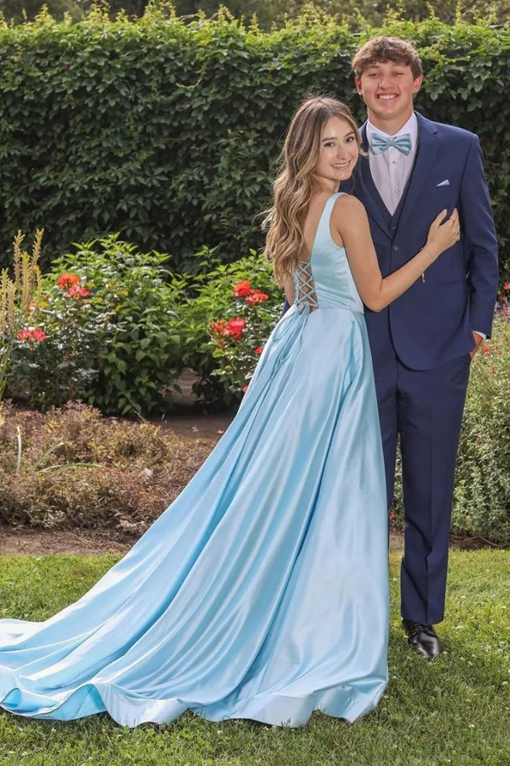 A Line Open Back Blue Satin Long Prom, Long Blue Formal Evening