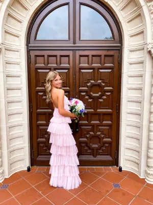 A-line Pink Tulle Tiered Long Prom Dress, Unique Prom Dress