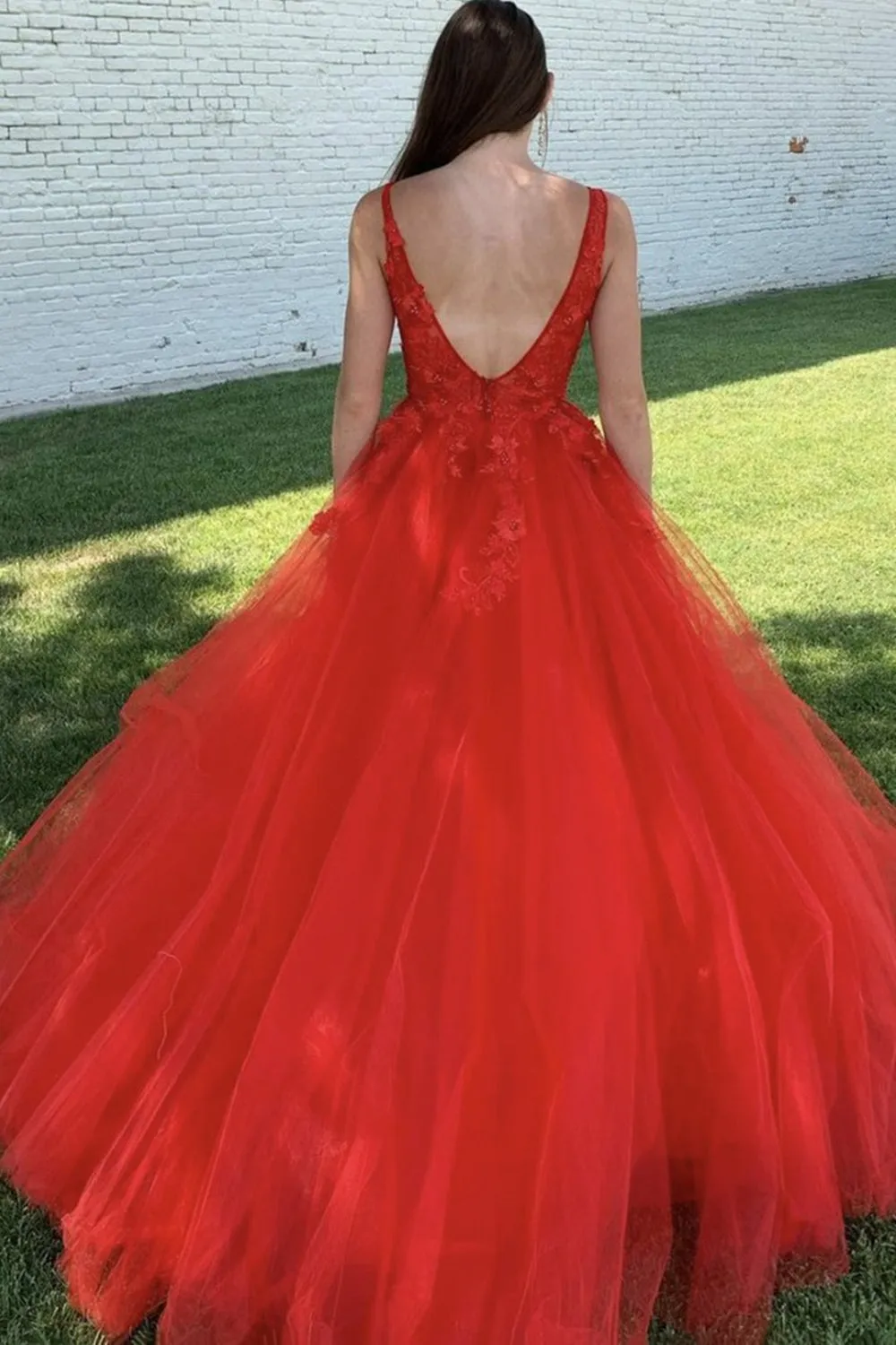 A Line V Neck Open Back Red Lace Long Prom Dress, Backless Red Formal Dress, Red Lace Evening Dress