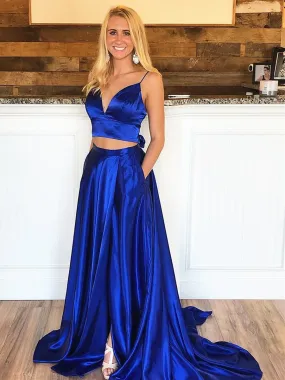 A Line V Neck Two Pieces Backless Royal Blue Prom with High Slit, 2 Pieces Royal Blue Formal Graduation Evening