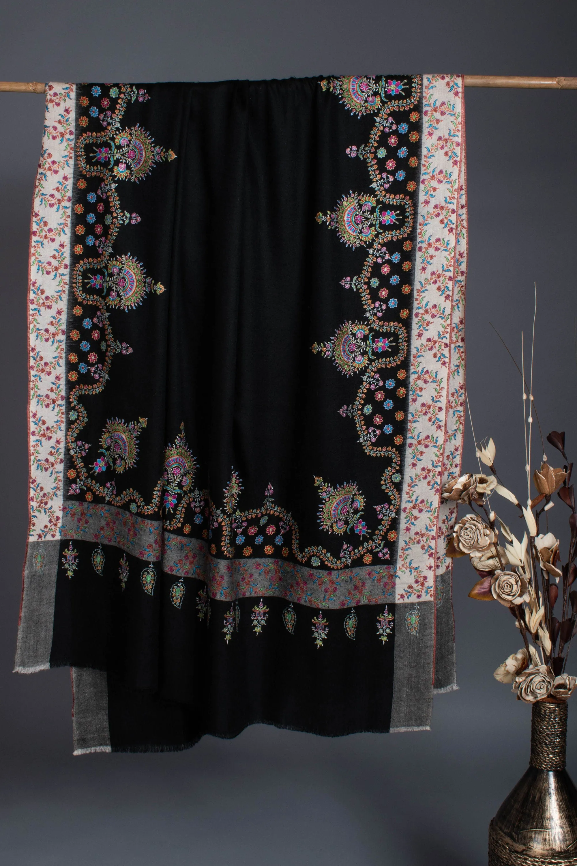 A One-of-a-Kind Handmade Kashmiri Shawl: Elegant Black & White Cashmere Shawl with Garden Embroidery Motifs 40x80" - JAY