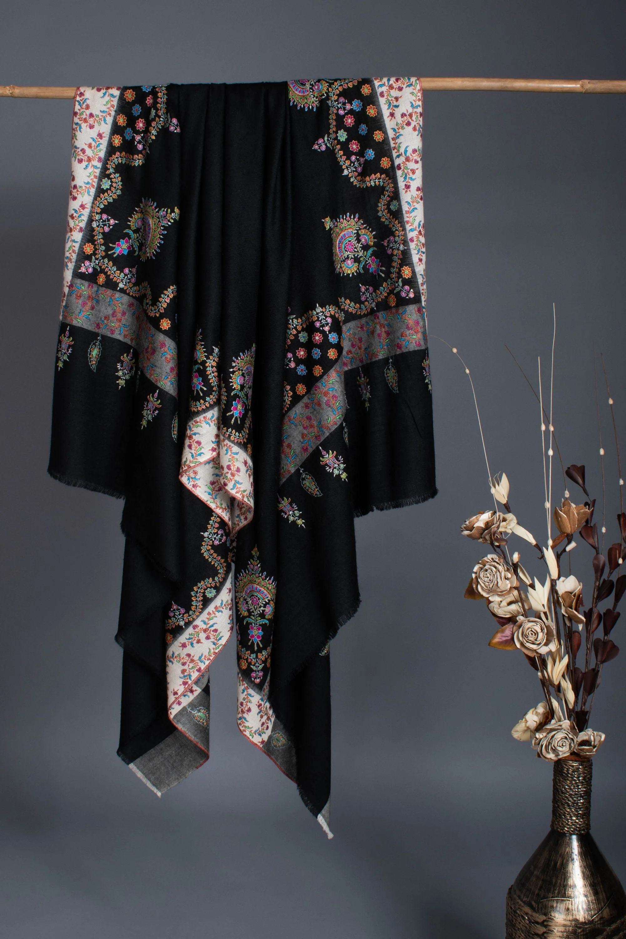 A One-of-a-Kind Handmade Kashmiri Shawl: Elegant Black & White Cashmere Shawl with Garden Embroidery Motifs 40x80" - JAY