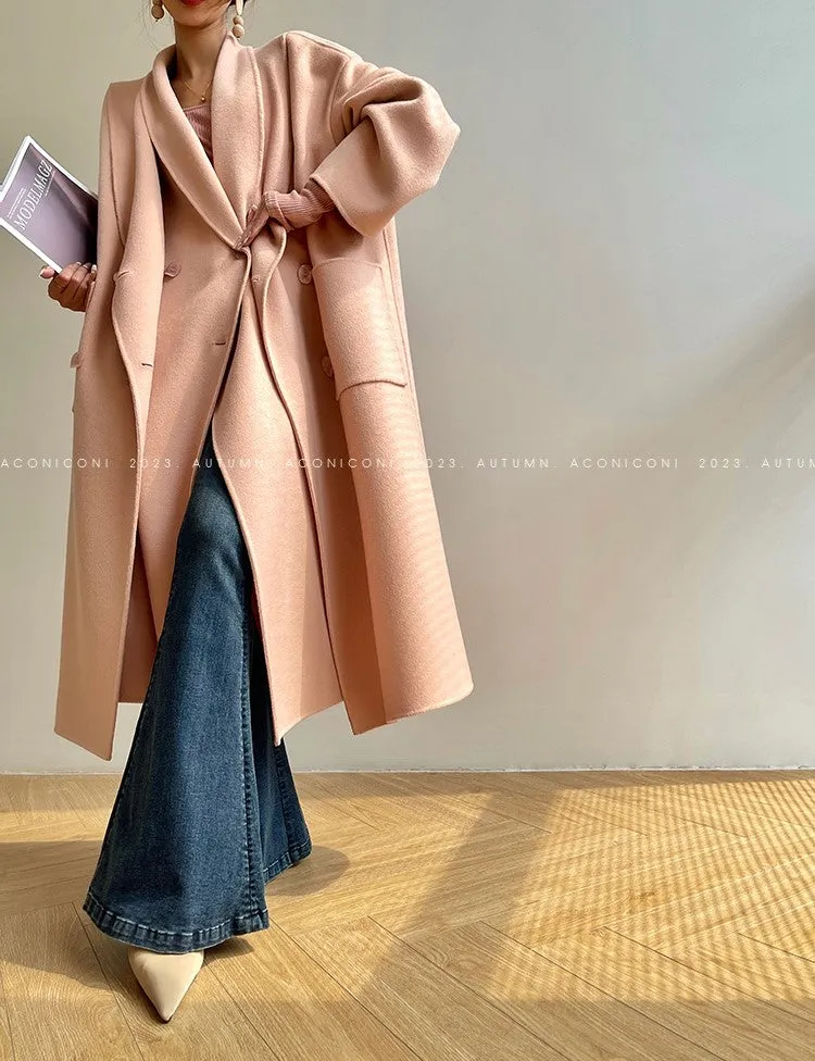 Aconiconi Luxury Pink Peach/Black Double Collar Long Wool Coat- Munich Sea of Clouds