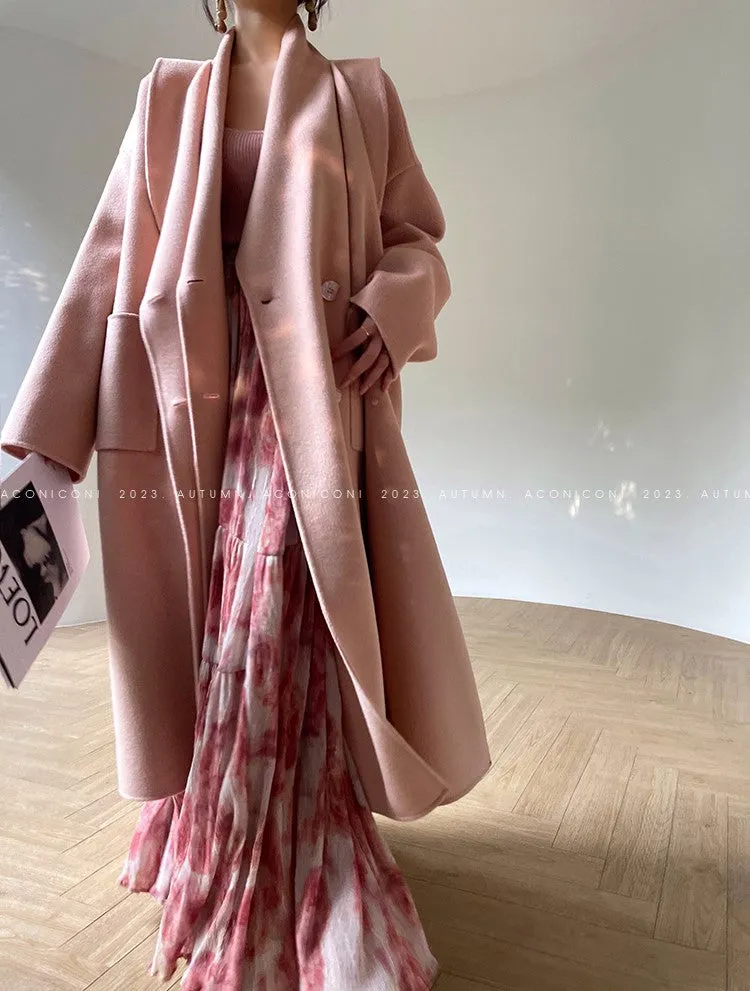 Aconiconi Luxury Pink Peach/Black Double Collar Long Wool Coat- Munich Sea of Clouds