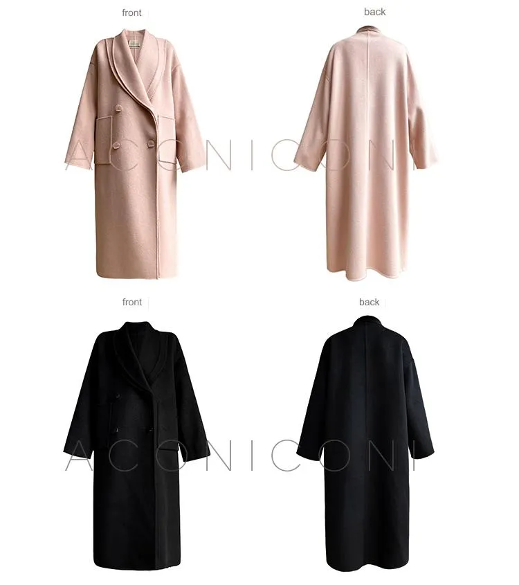 Aconiconi Luxury Pink Peach/Black Double Collar Long Wool Coat- Munich Sea of Clouds