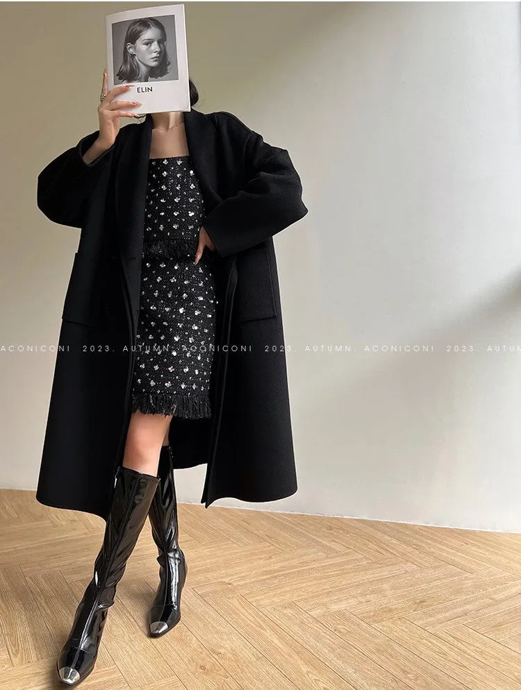 Aconiconi Luxury Pink Peach/Black Double Collar Long Wool Coat- Munich Sea of Clouds