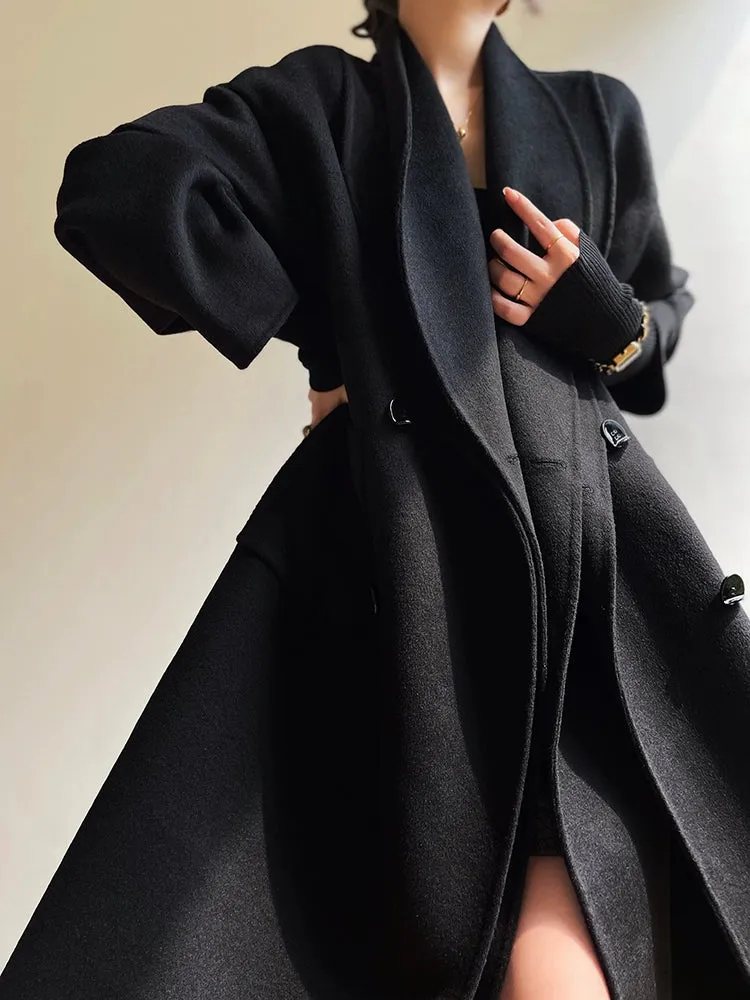 Aconiconi Luxury Pink Peach/Black Double Collar Long Wool Coat- Munich Sea of Clouds