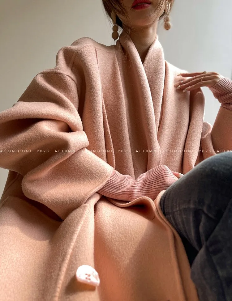 Aconiconi Luxury Pink Peach/Black Double Collar Long Wool Coat- Munich Sea of Clouds