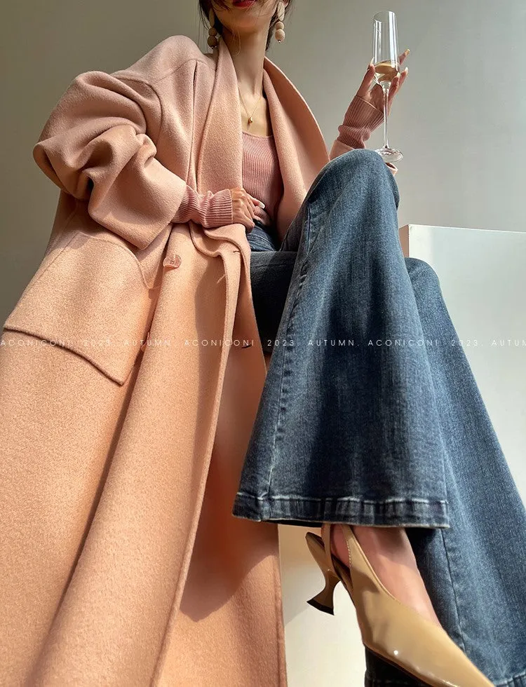 Aconiconi Luxury Pink Peach/Black Double Collar Long Wool Coat- Munich Sea of Clouds