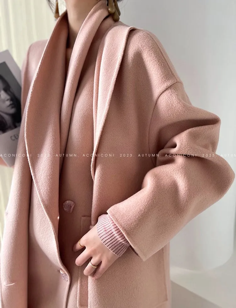 Aconiconi Luxury Pink Peach/Black Double Collar Long Wool Coat- Munich Sea of Clouds