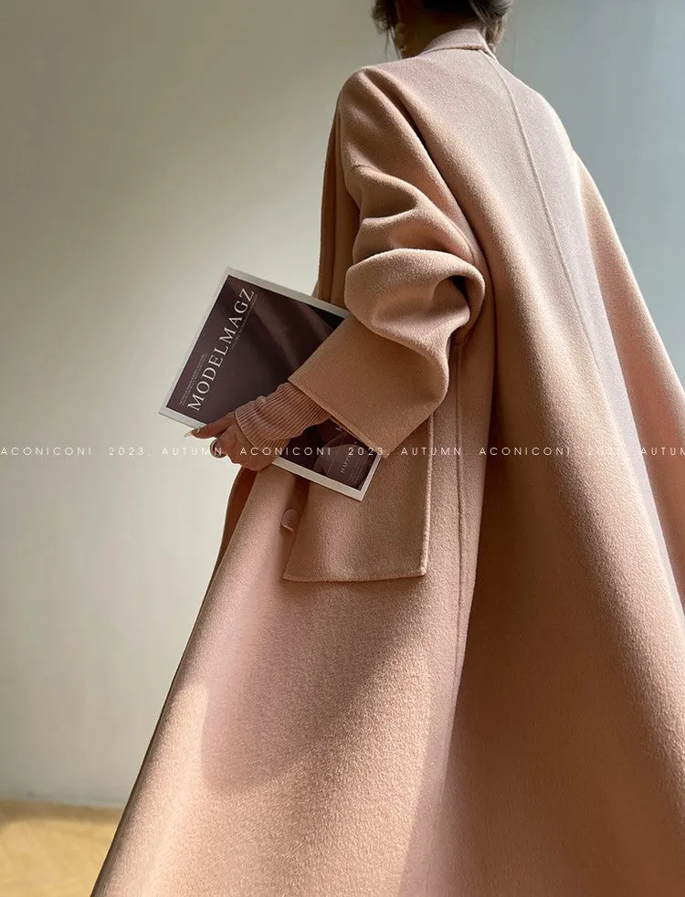 Aconiconi Luxury Pink Peach/Black Double Collar Long Wool Coat- Munich Sea of Clouds