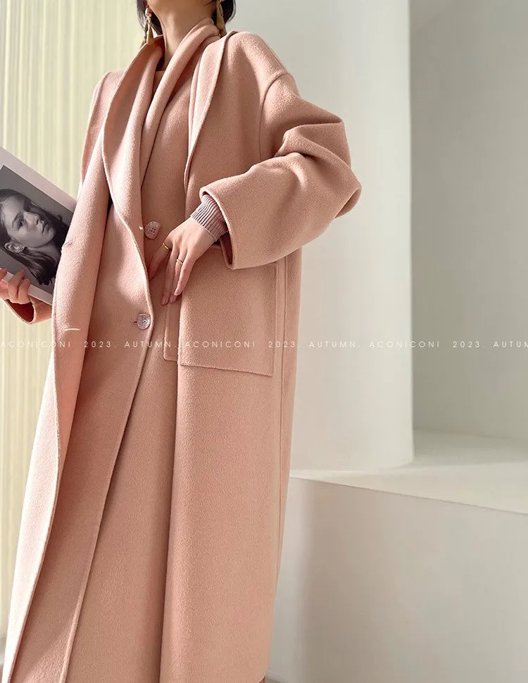 Aconiconi Luxury Pink Peach/Black Double Collar Long Wool Coat- Munich Sea of Clouds