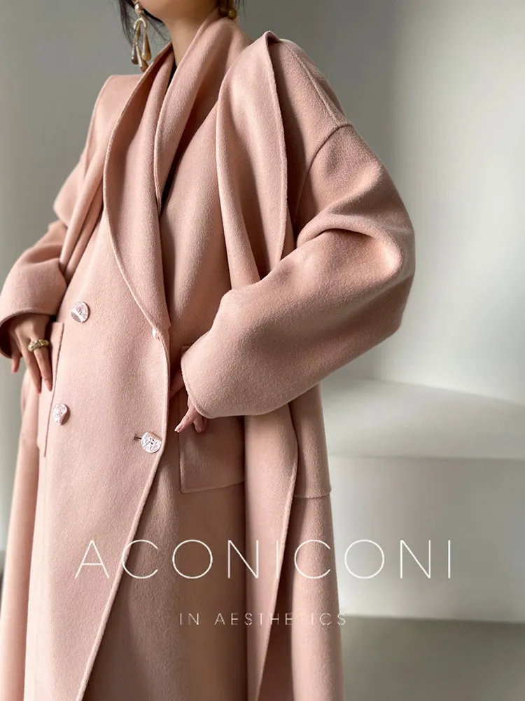 Aconiconi Luxury Pink Peach/Black Double Collar Long Wool Coat- Munich Sea of Clouds