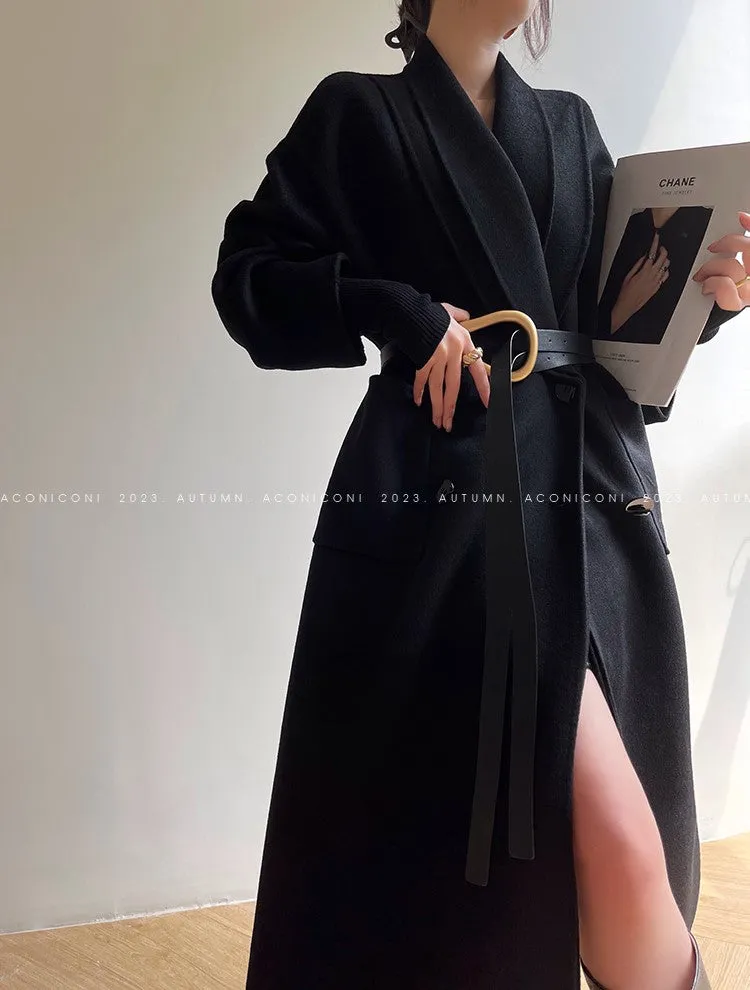 Aconiconi Luxury Pink Peach/Black Double Collar Long Wool Coat- Munich Sea of Clouds