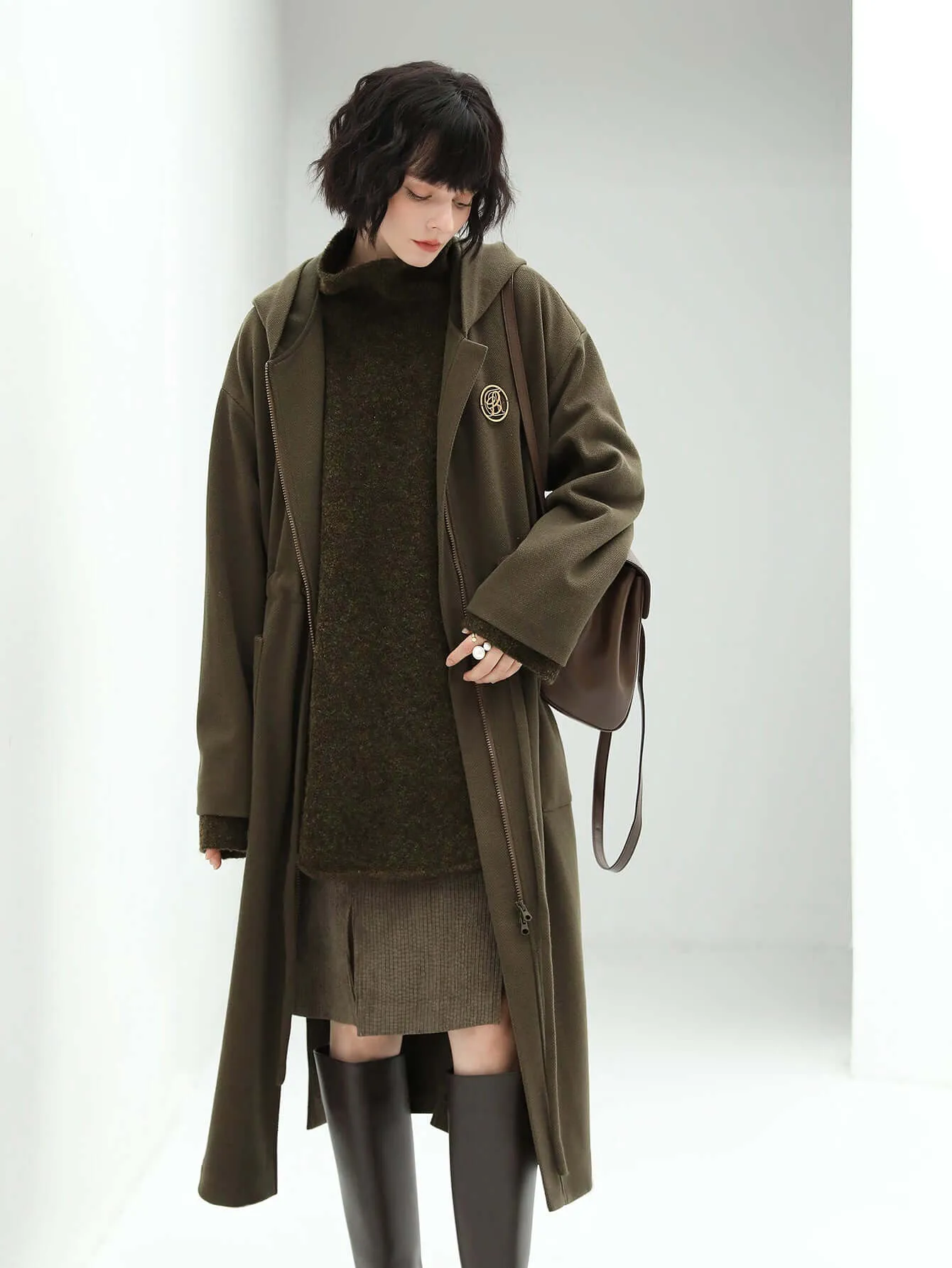 Adjustable Drawstring Brown Hooded Wool Coat Women