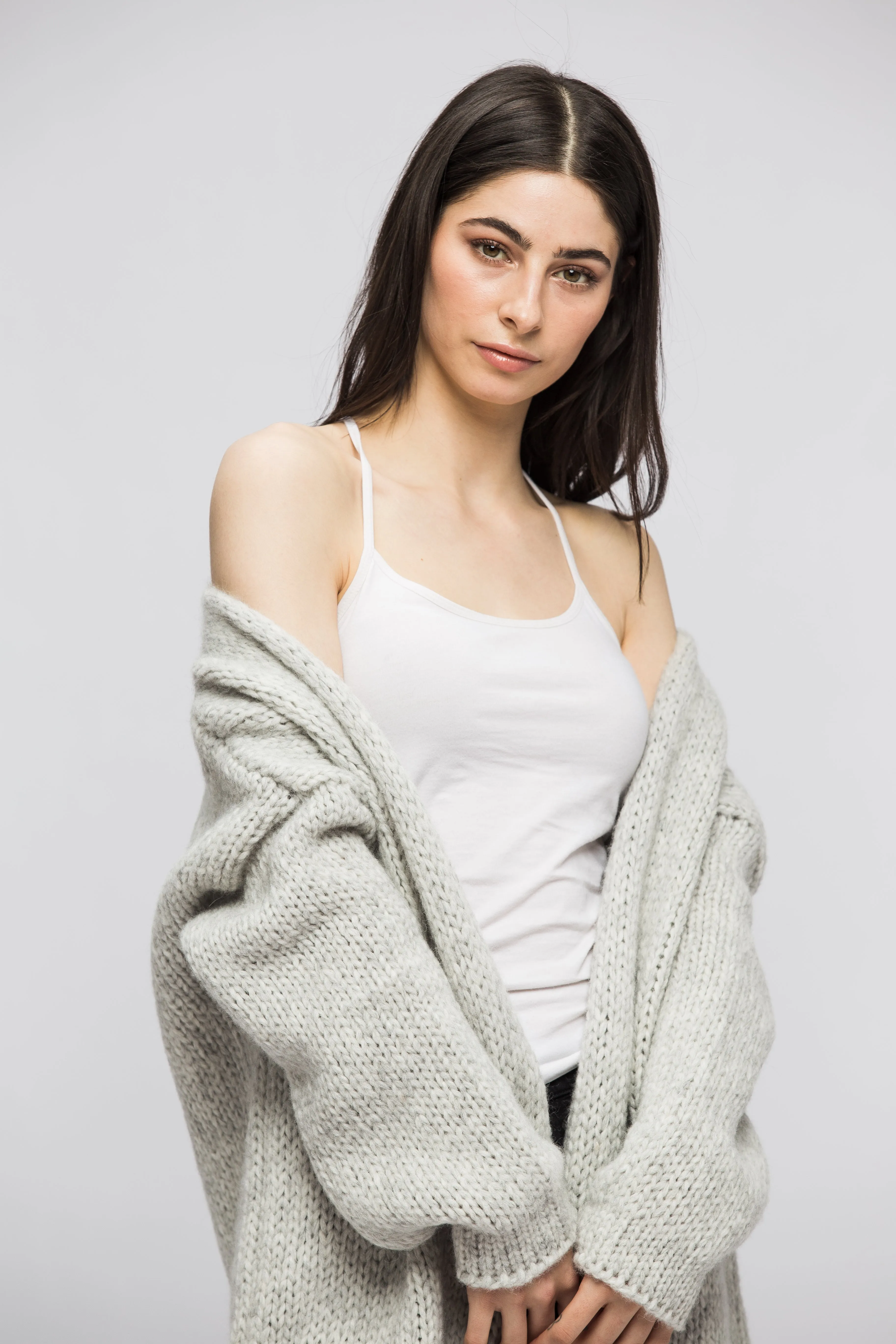 Alpaca  pearl grey knit cardigan.