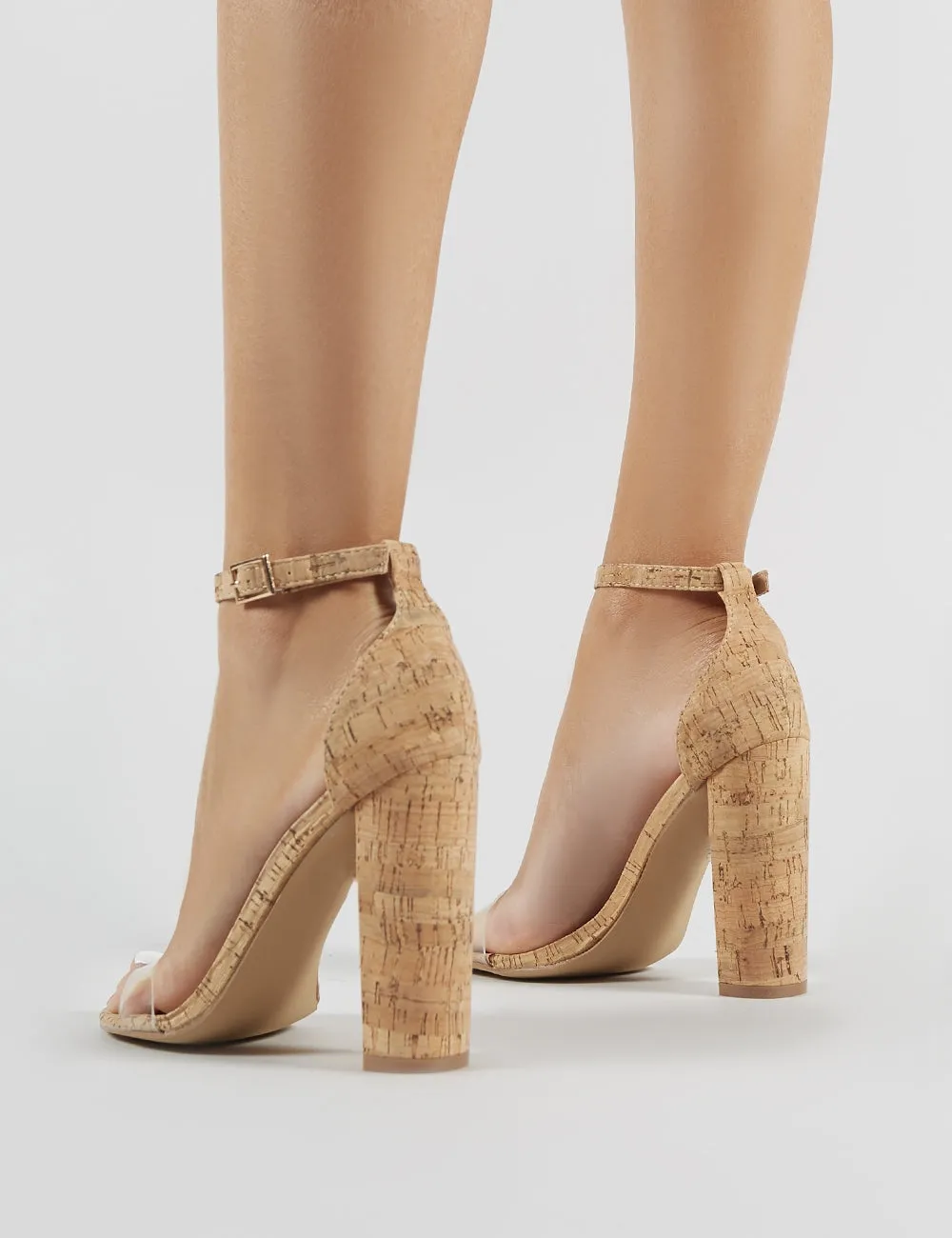 Ana Clear Perspex Strap Barely There Heels in Cork