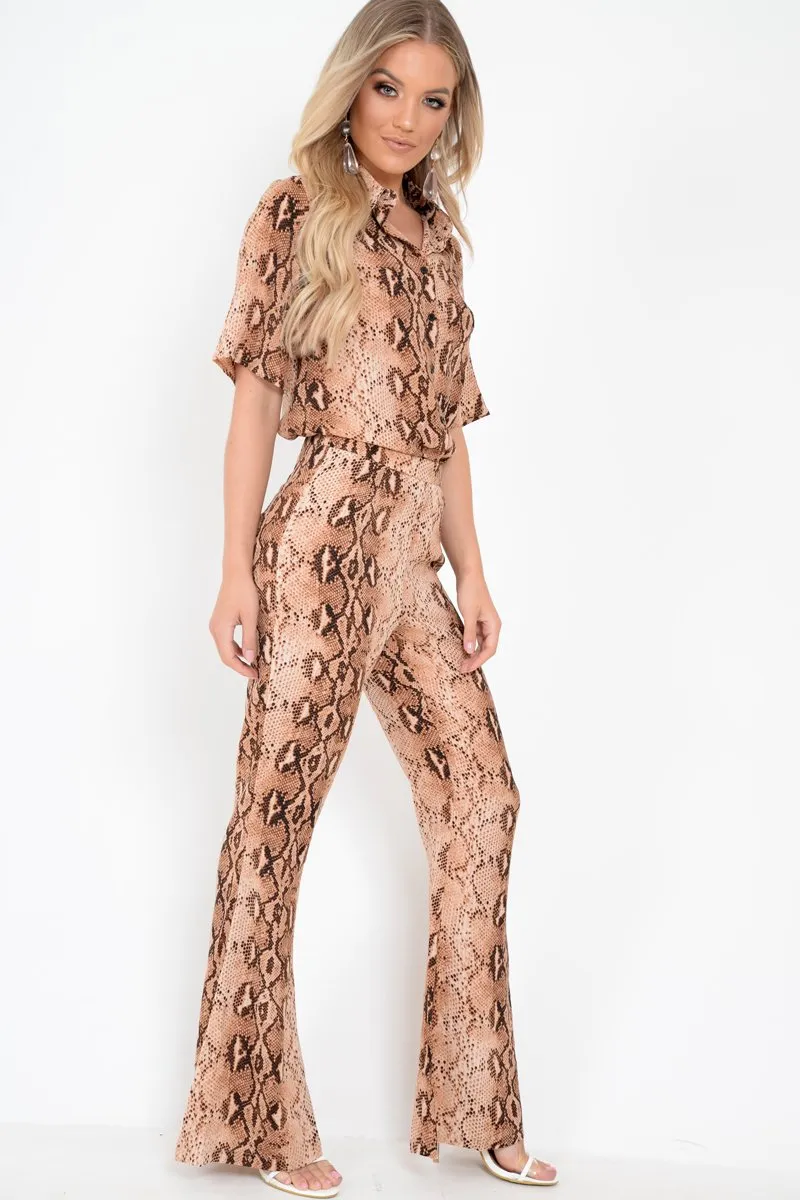 Apricot Snake Print Shirt And Flared Trousers Co-ord - Fryda