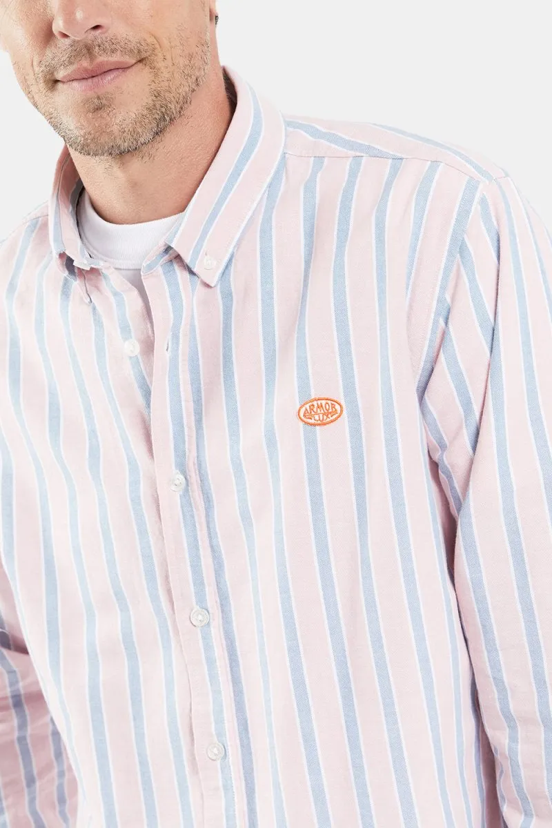 Armor Lux Oxford Stripe Henley Shirt (Pink White Blue)