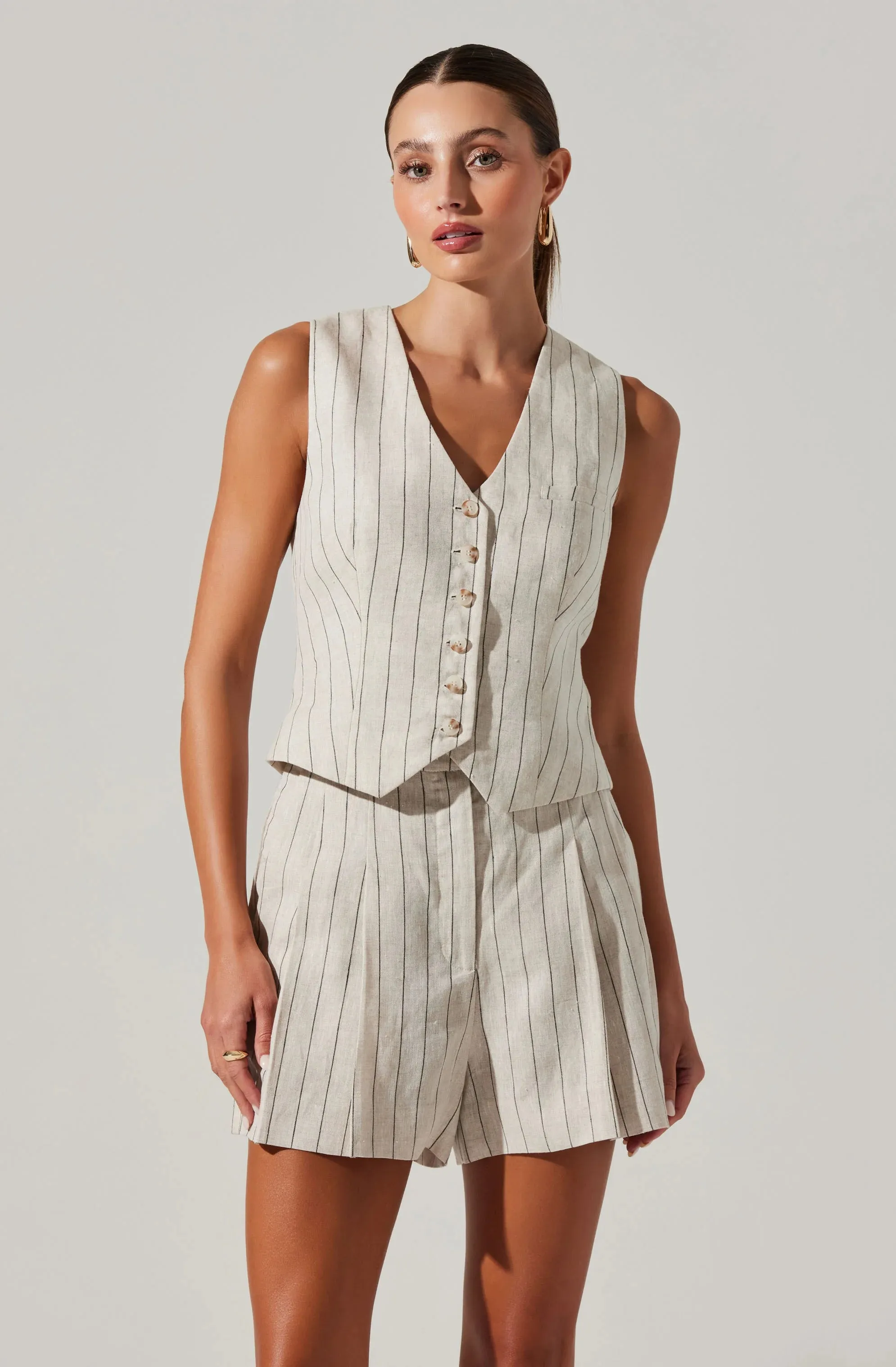 ASTR THE LABEL KAIKO PINSTRIPE LINEN VEST NATURAL BLACK STRIPE