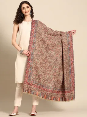 Beige Floral Wollen Kashmiri Kaani Shawl