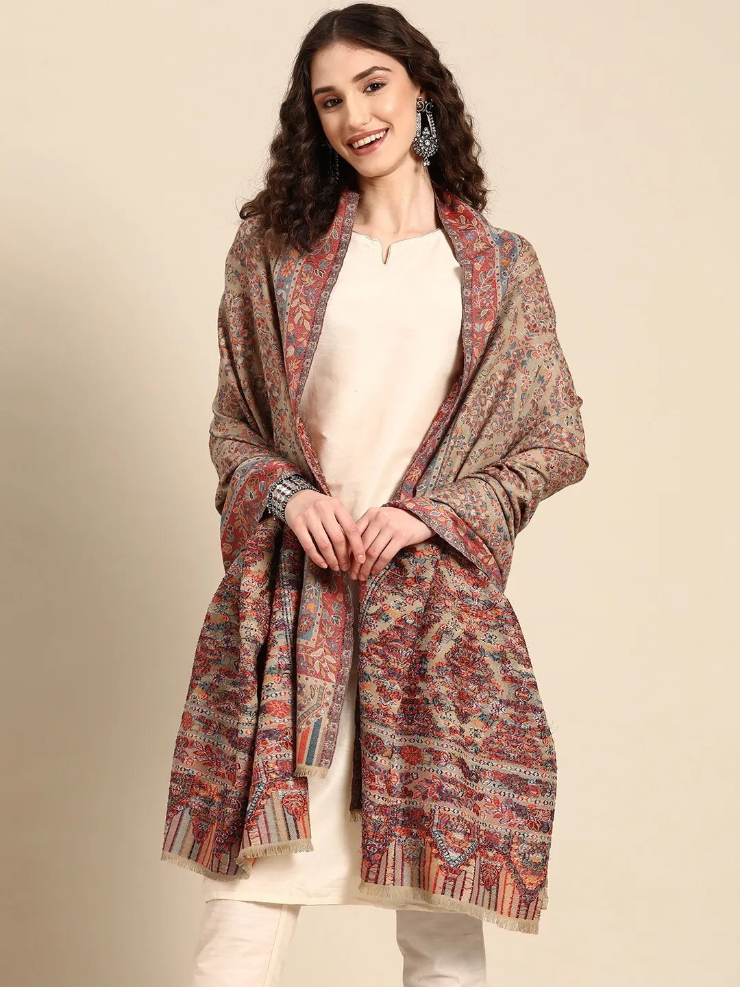 Beige Floral Wollen Kashmiri Kaani Shawl