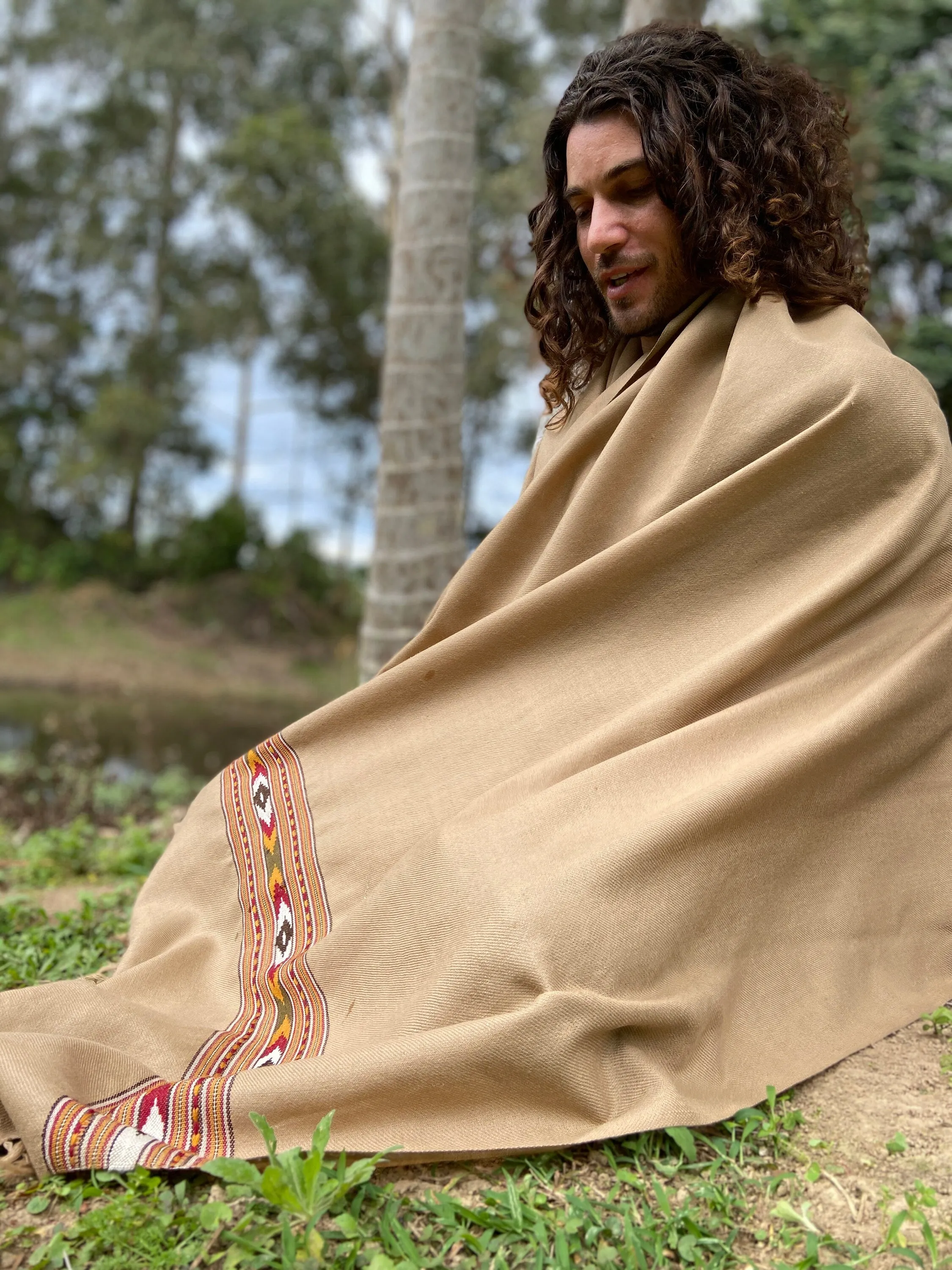 BHAVA Shawl Light Brown Handwoven Wool Meditation Prayer Scarf Blanket Premium Pure Cashmere Tibetan Winter Zen Embroidery Boho AJJAYA