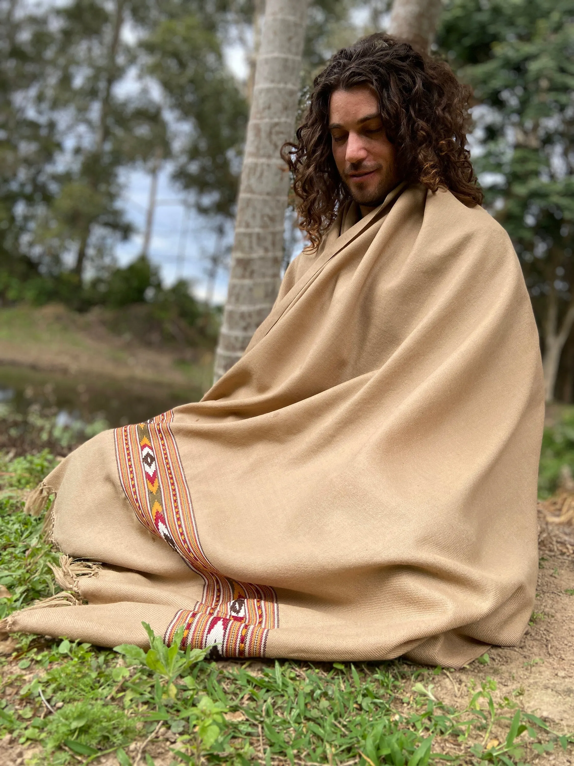 BHAVA Shawl Light Brown Handwoven Wool Meditation Prayer Scarf Blanket Premium Pure Cashmere Tibetan Winter Zen Embroidery Boho AJJAYA