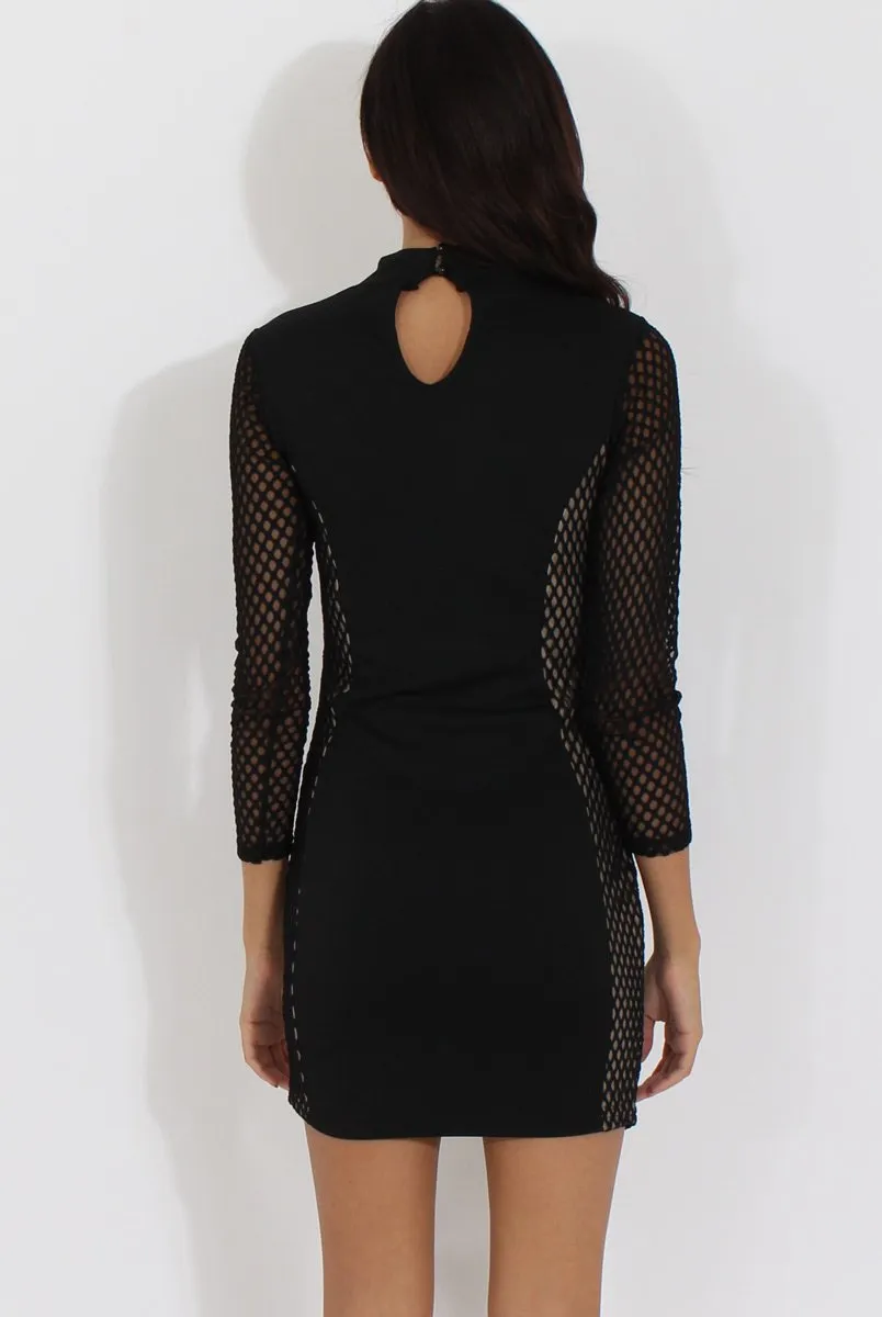 Black & Nude Mesh Detail Cut Out Bodycon Dress - Derry