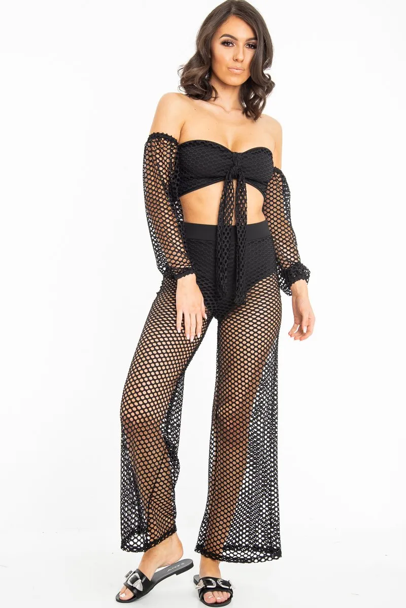 Black Fish Net Crop Tie Top and Trousers Co-ord - Misa