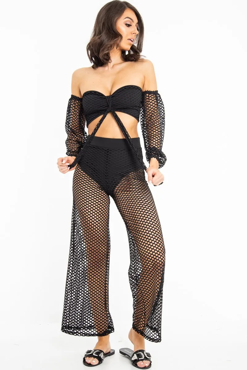 Black Fish Net Crop Tie Top and Trousers Co-ord - Misa