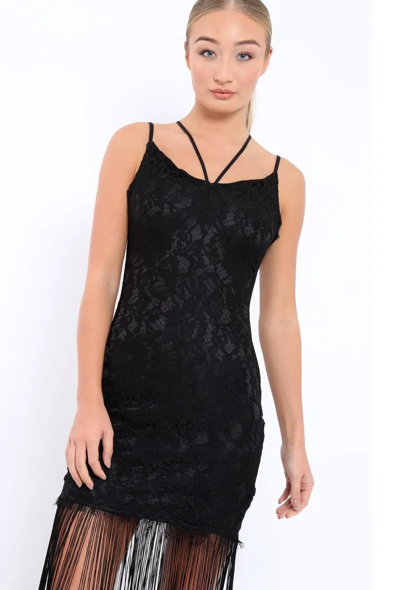 Black Lace Dress with Long Tassel Hems - Zana