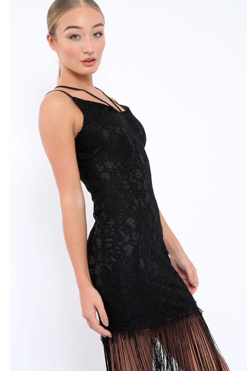 Black Lace Dress with Long Tassel Hems - Zana