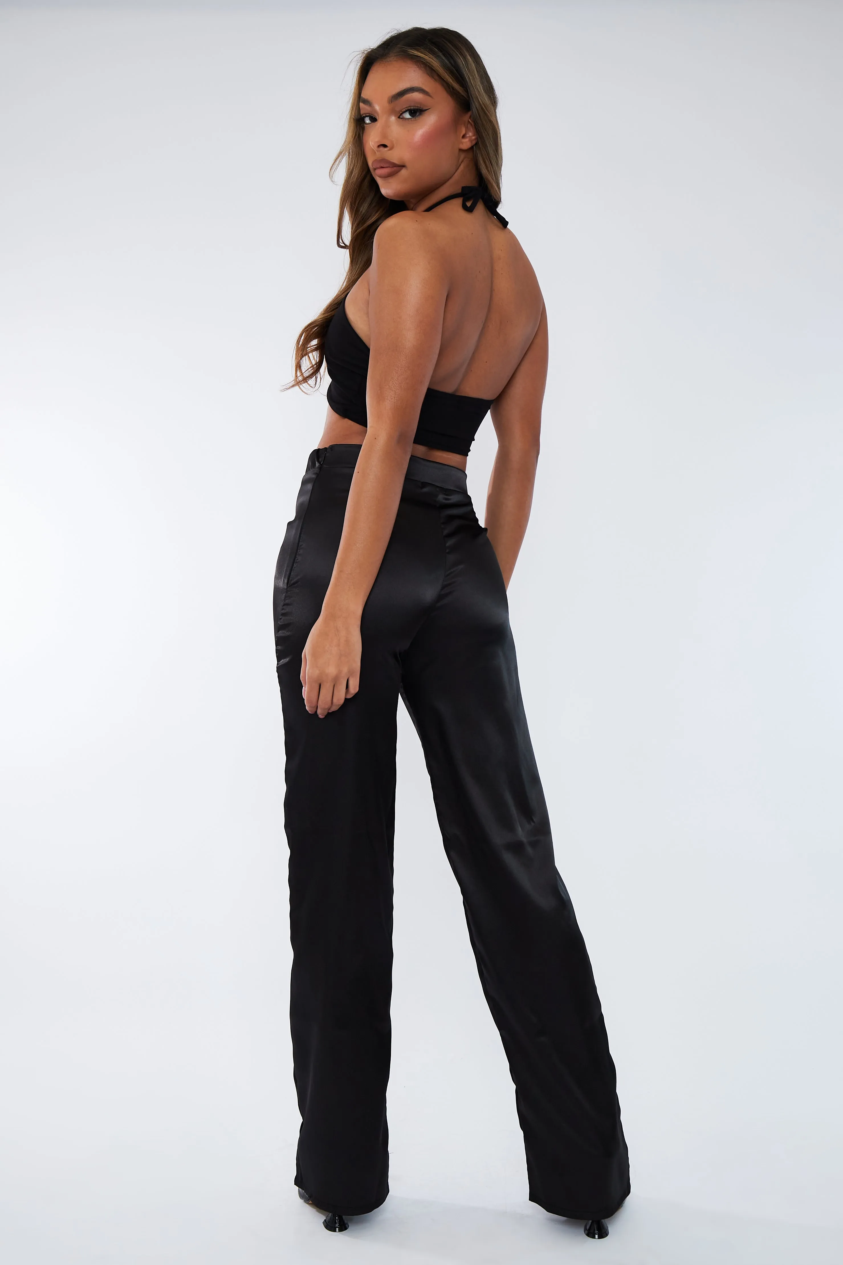 Black Satin Straight Leg Trousers - Rose