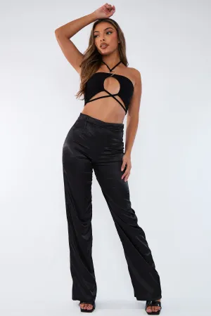 Black Satin Straight Leg Trousers - Rose