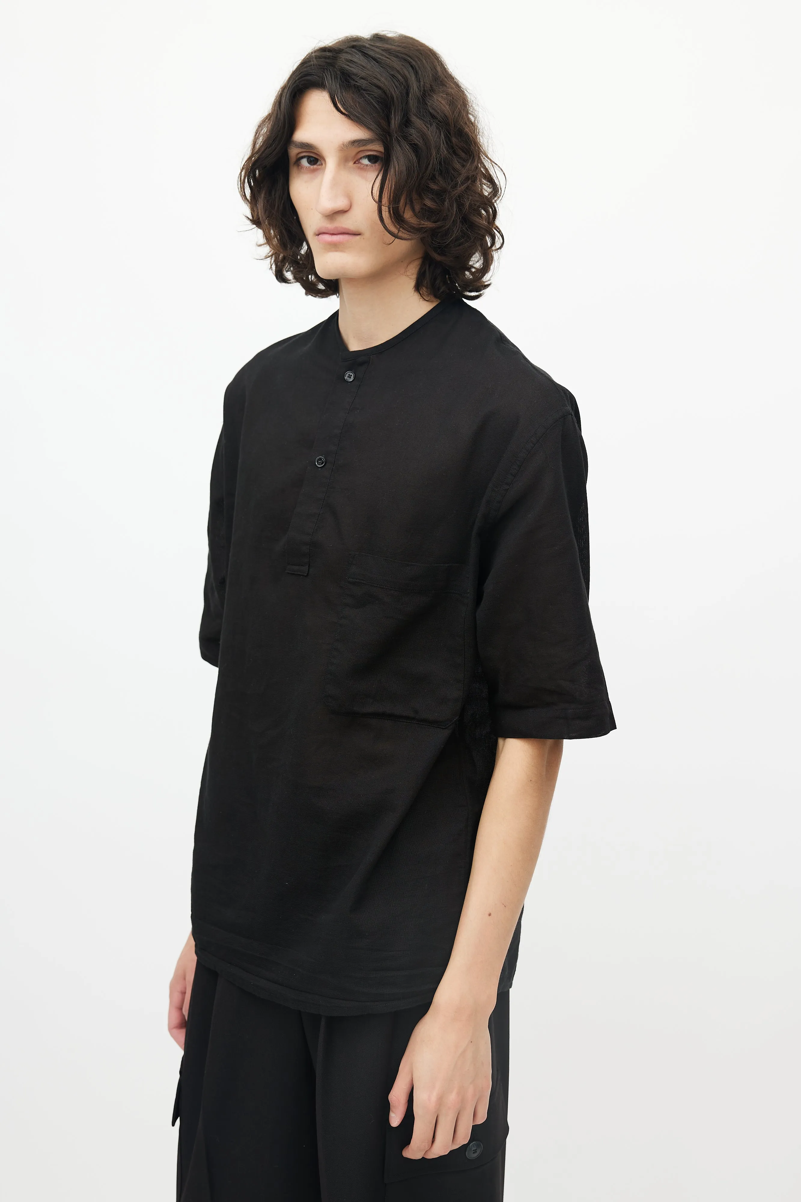 Black Single Pocket Cotton Henley Shirt