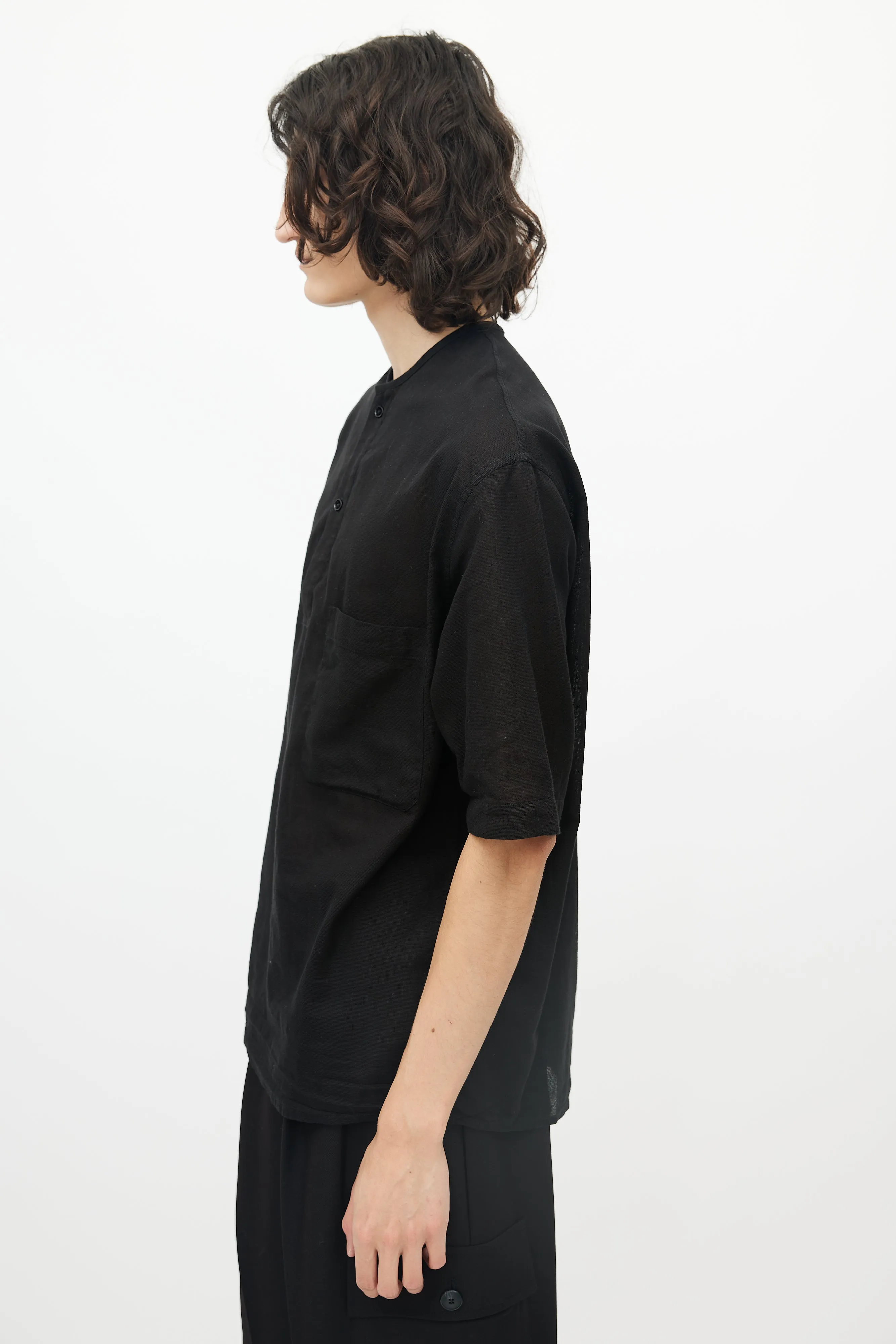 Black Single Pocket Cotton Henley Shirt