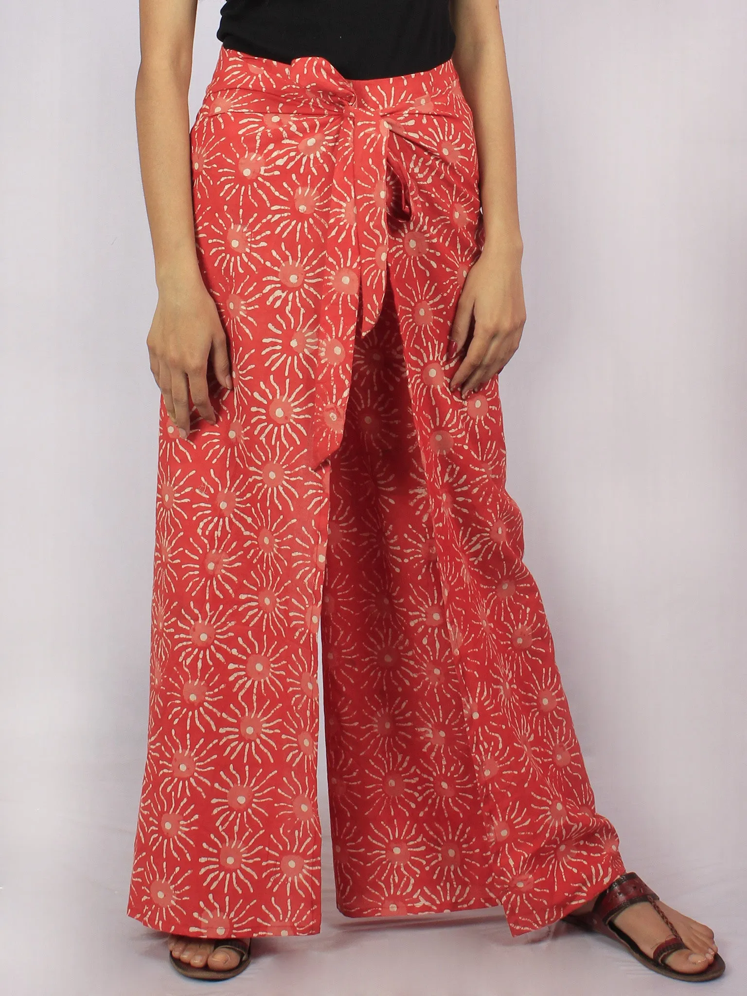 Blush Red Ivory Hand Block Printed Free Size Tie Up Wrap Around Trousers - T0317042