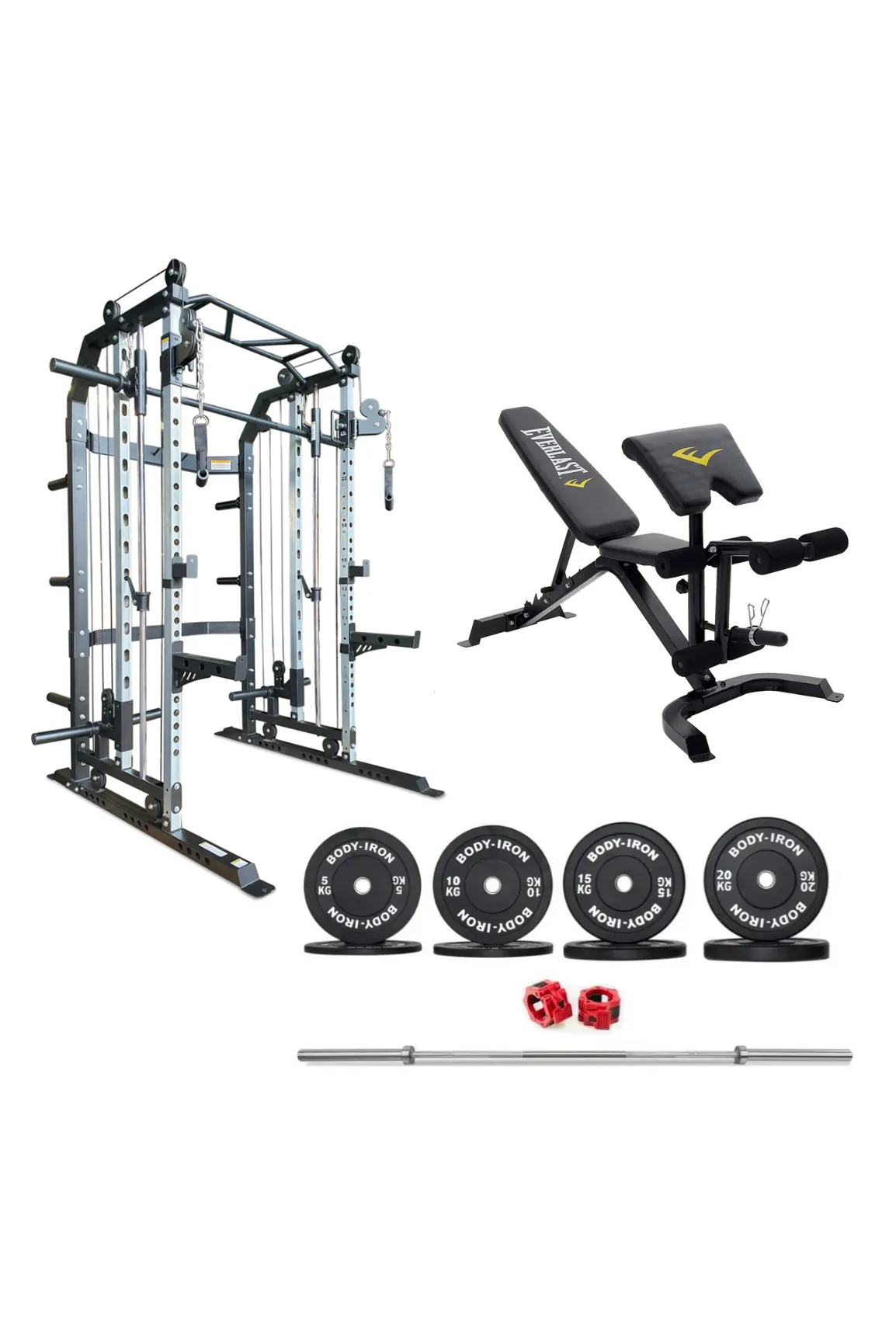 Body Iron All-In-One Functional Trainer FTG30   Adjustable Bench   120kg Olympic Barbell & Bumper Plate Set