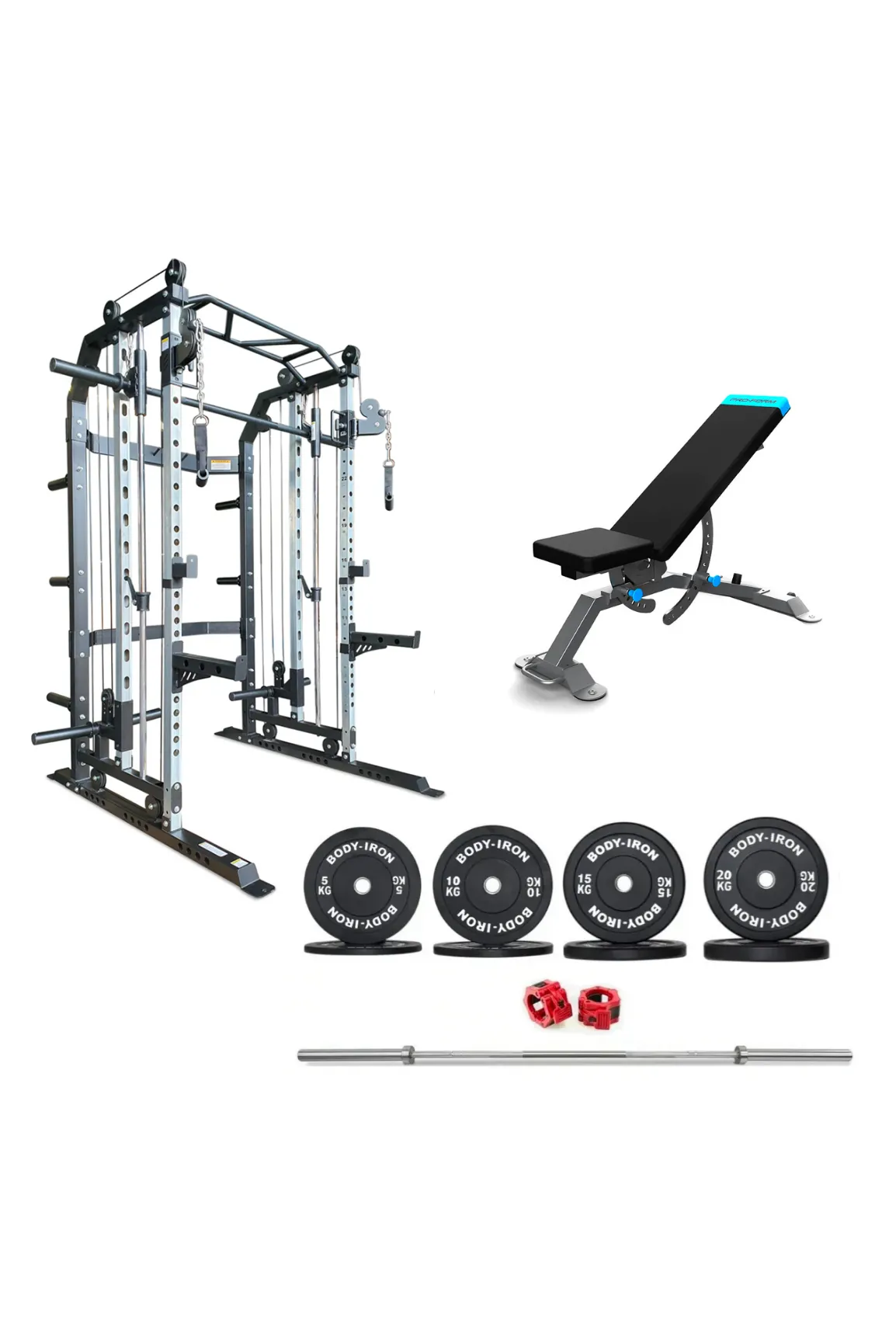 Body Iron All-In-One Functional Trainer FTG30   Adjustable Bench   120kg Olympic Barbell & Bumper Plate Set